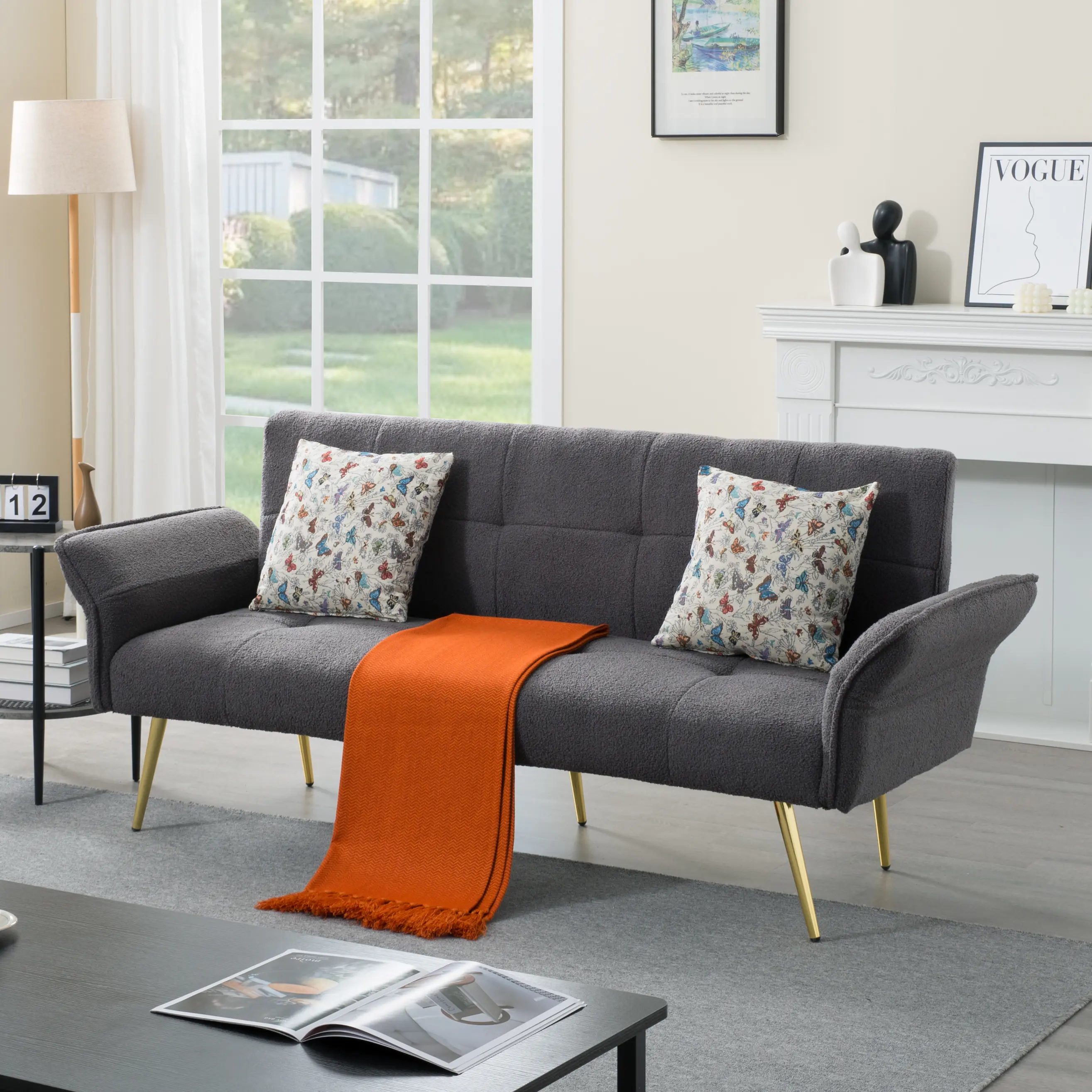 67.72” Futon Sofa Bed with Adjustable Backrest & Armrests Teddy Fabric Upholstery & Golden Tapered Legs for Home Office & Guest Room Comfort