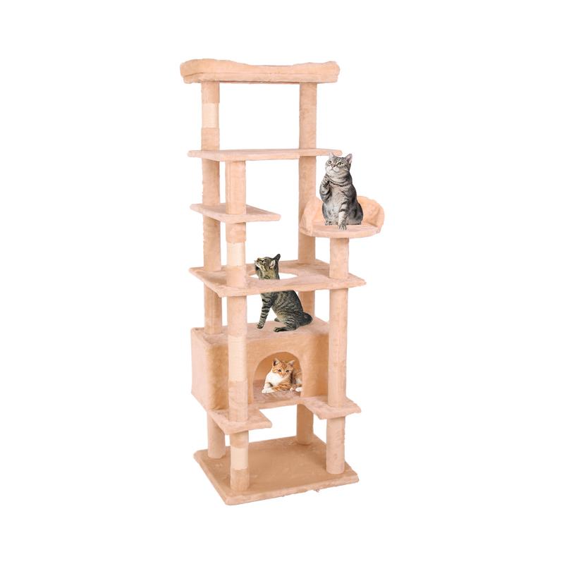 PINGO HOME Cat Tree Tower with Multiple Levels, Sisal Scratching Posts, Large Condo, Climbing Ladder, and Plush Toys for Indoor Kittens - Pink Color