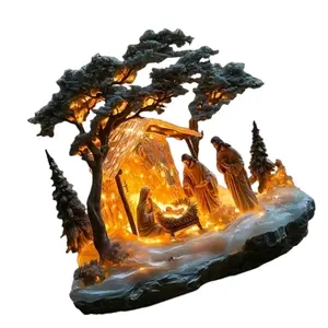 Holiday Nativity Scene Acrylic Figurine Snow House Holy Family Statue Ornament