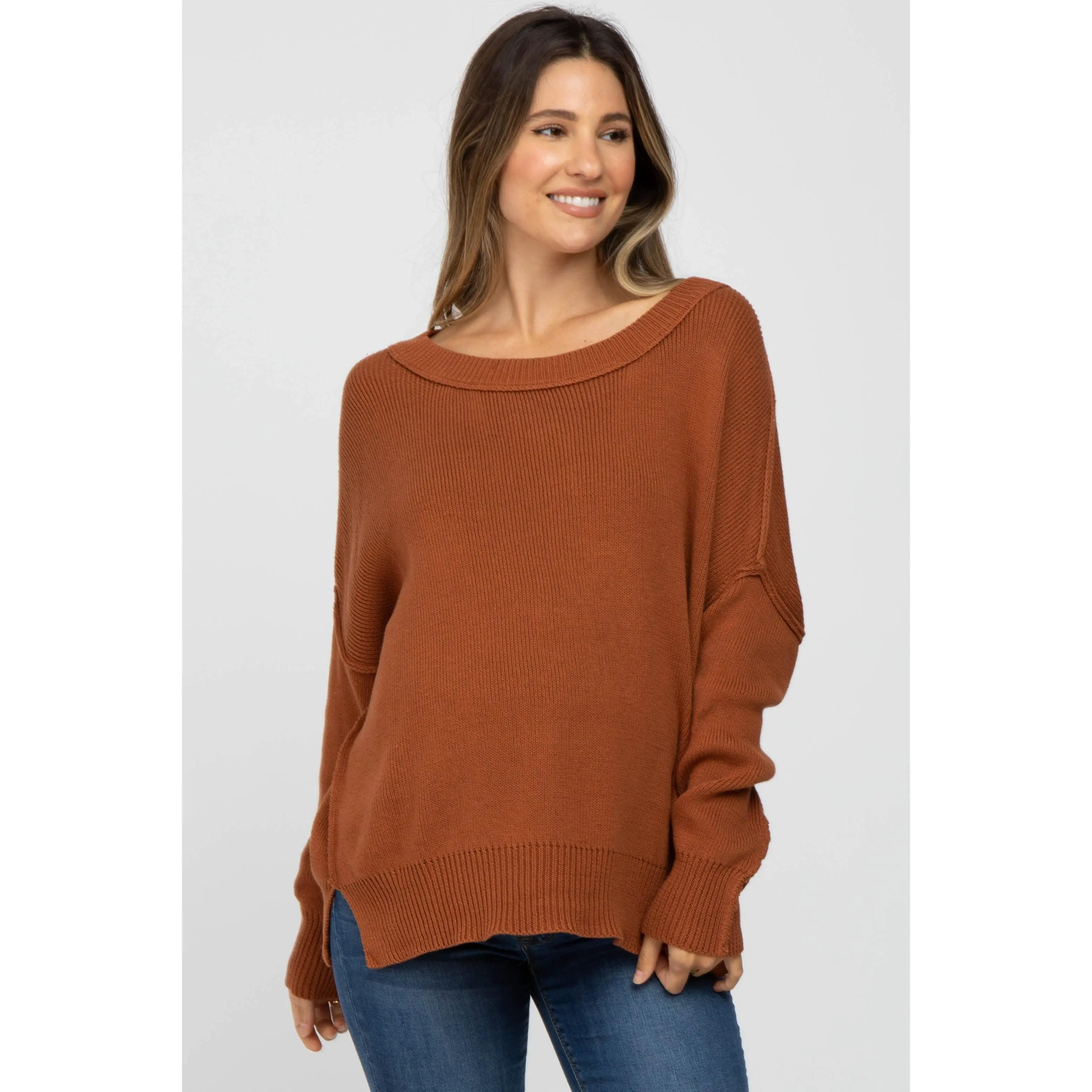 Camel Exposed Seam Side Slit Maternity Sweater