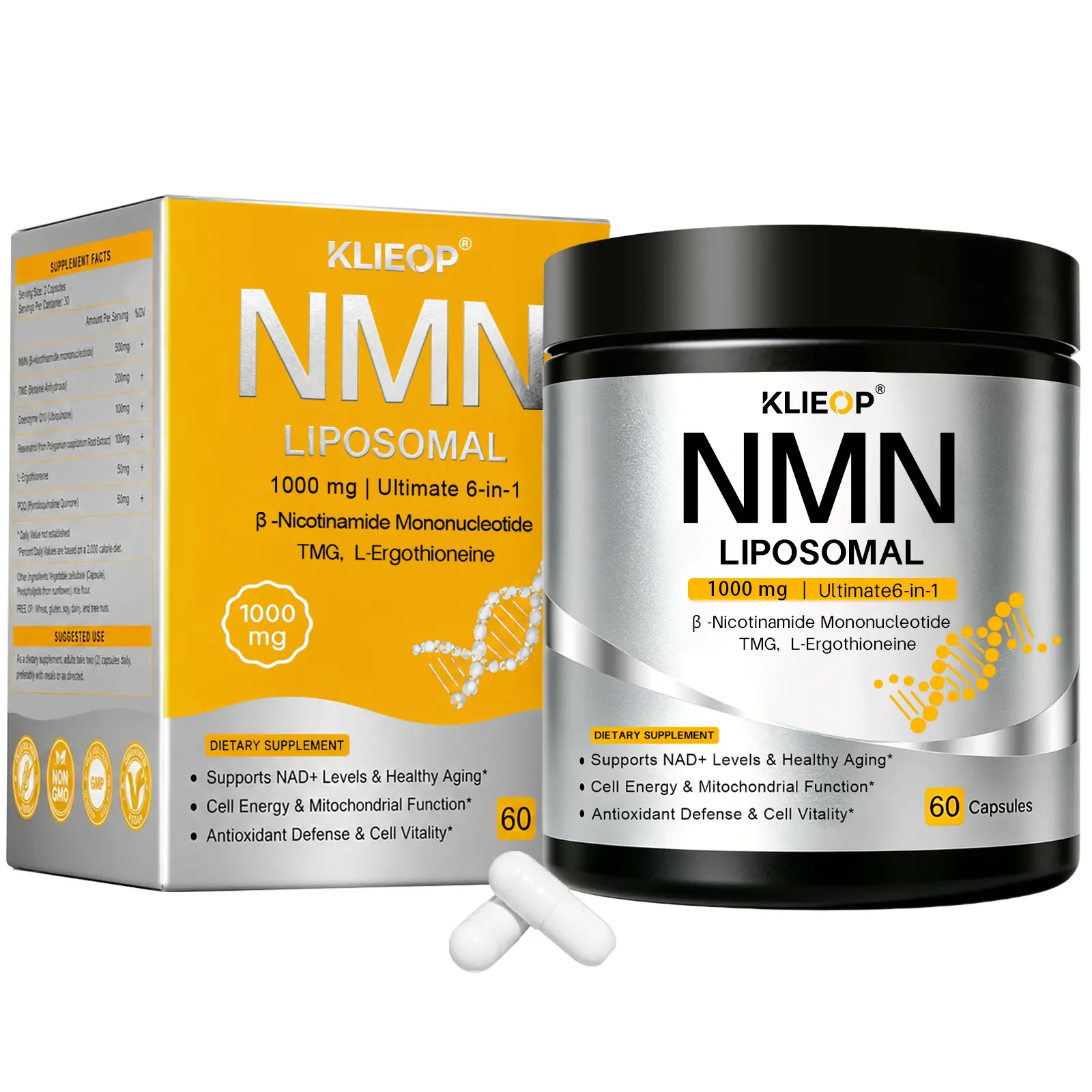 Liposomal NMN Complex – Ultimate 6-in-1 NAD Supplement 1000mg with TMG, L-Ergothioneine, PQQ, CoQ10 & Resveratrol, NMNH Alternative – Supports Cellular Energy & NAD+ Level, Mitochondrial & Antioxidant Support – 60 Capsules