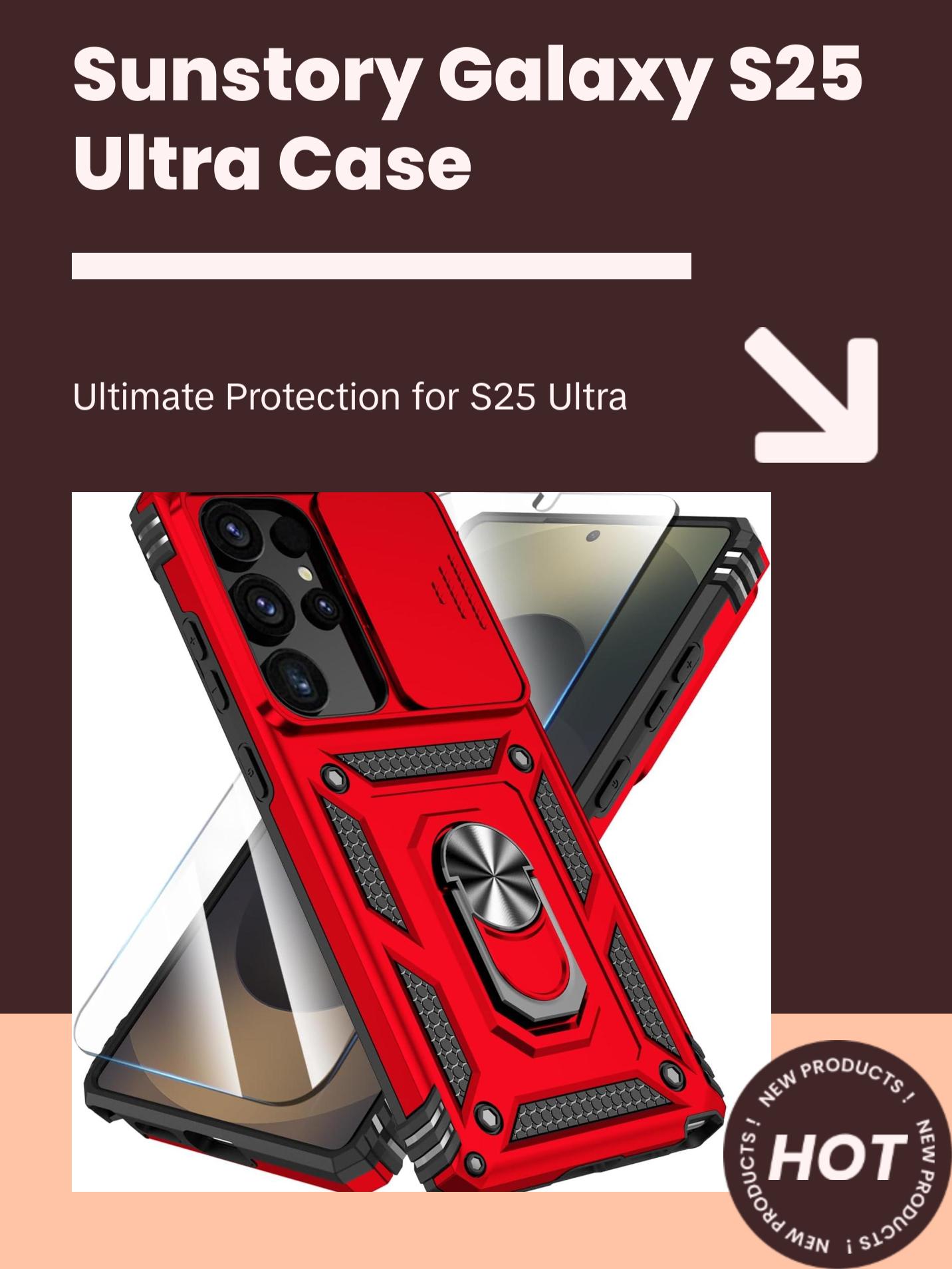 Sunstory Case for Samsung Galaxy S25 Ultra Case with HD Screen Protector & Kickstand & Slide Camera Cover,[ Military-Grade ] Protective Phone Case for Galaxy S25 Ultra 6.9",Red SunStory