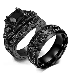 Black CZ Couple Ring Set Stainless Steel Wedding Band for Men & Women | Romantic Matching Rings