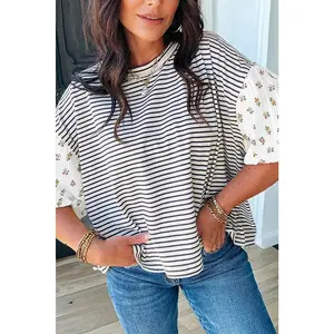 Black Stripe Floral Puff Sleeve Patchwork Round Neck Loose Top