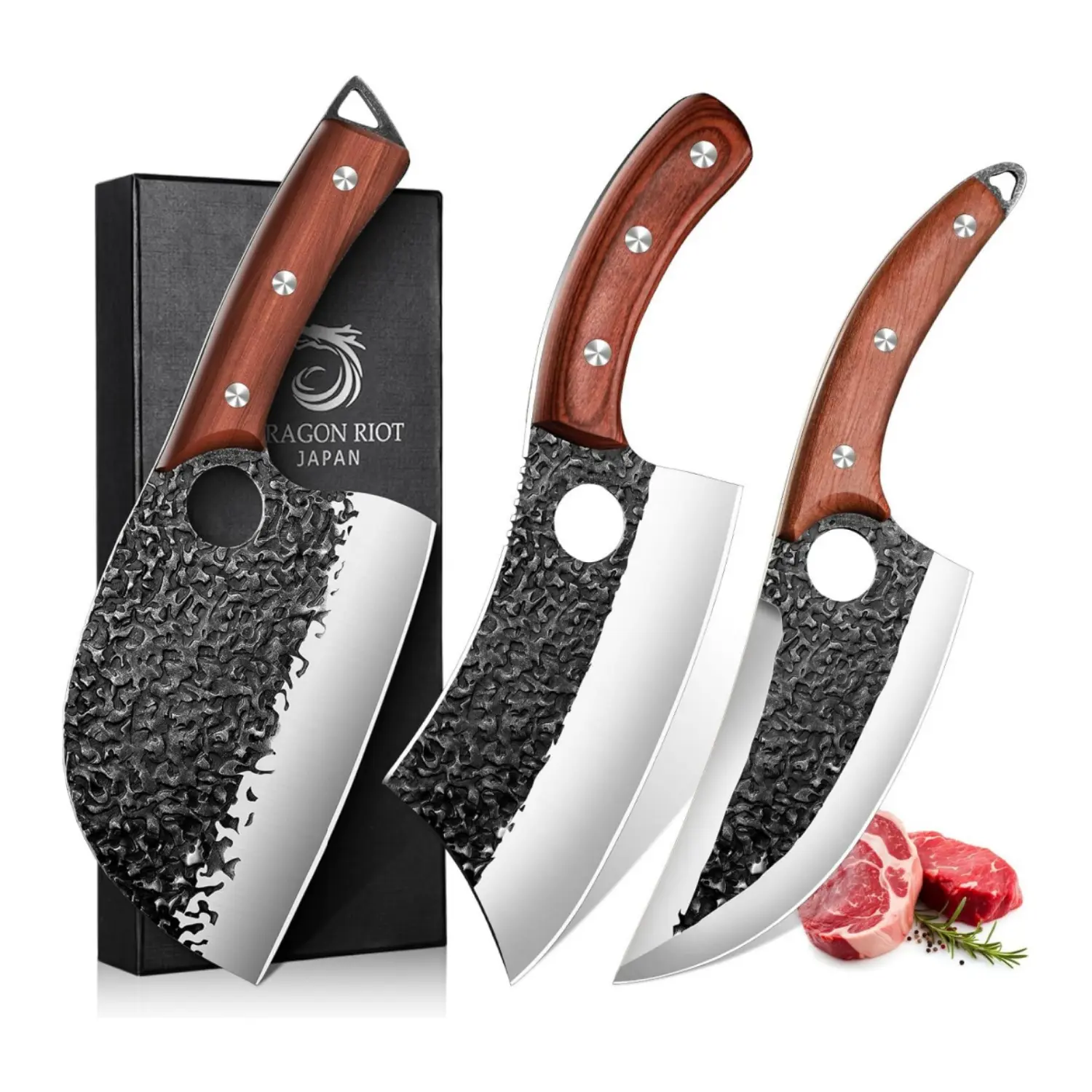DRAGON RIOT 3-Pcs Professional High Carbon Steel Hand-Forged Butcher Knives Set - Serbian Cleaver with Ergonomic Handles for Kitchen Meat Processing, Outdoor Cooking
