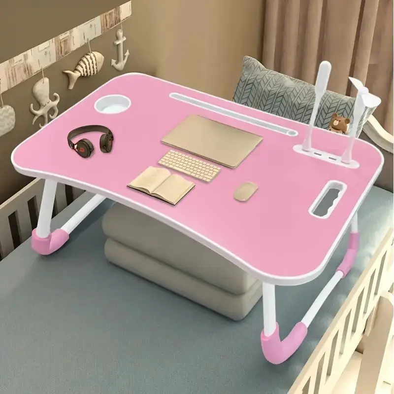 Oversized Durable Wooden Foldable Laptop Desk - Folding Tray Table with Cup Holder, Drawer, USB Fan, Light, Adjustable Tiltable Comfortable Surface, Anti-Slip Silicone Feet, USB Ports, Sturdy Portable Design for Students, Bed Use, Writing, Drawing