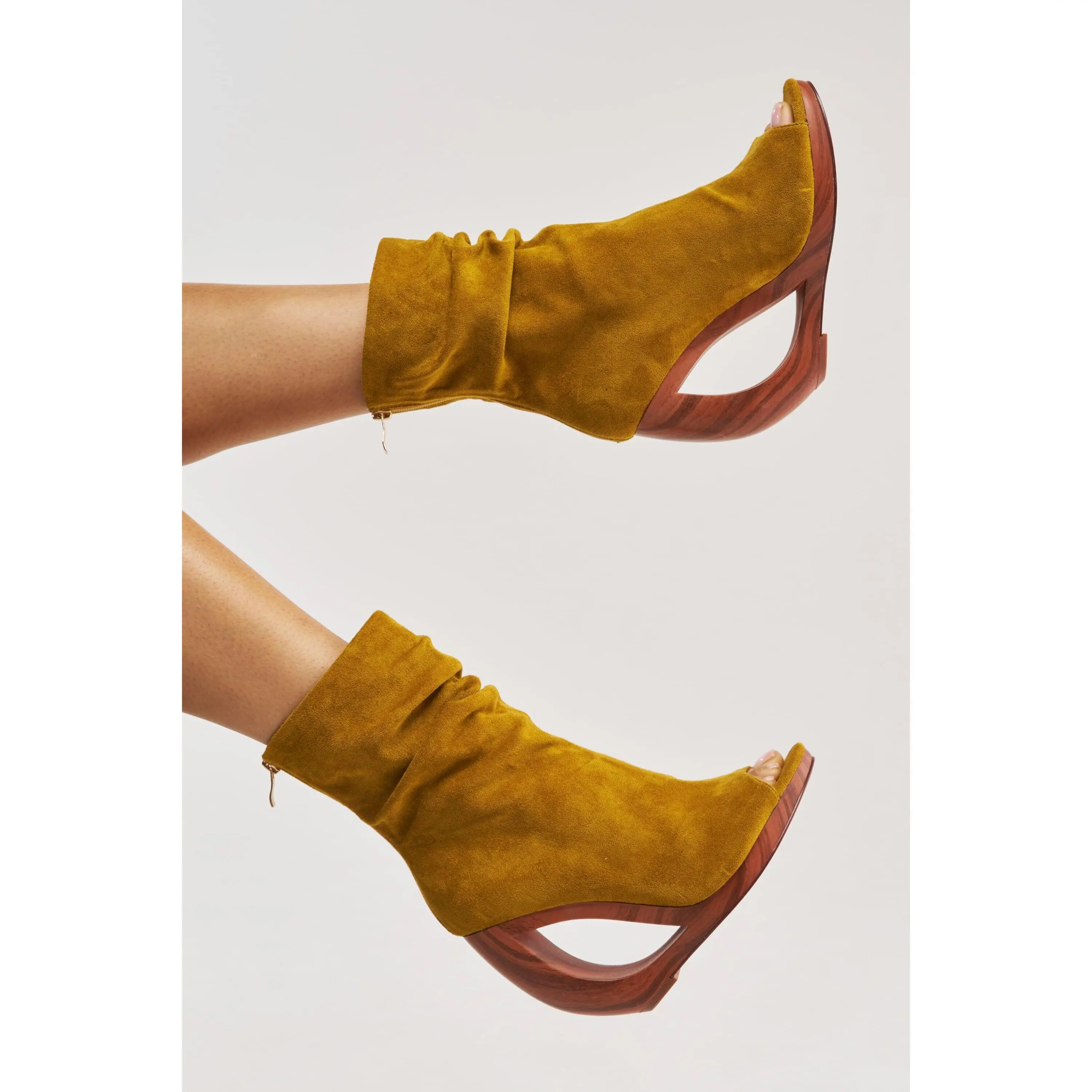 AZALEA WANG ARLO MUSTARD WEDGE OPEN TOE FAUX SUEDE BOOTIE