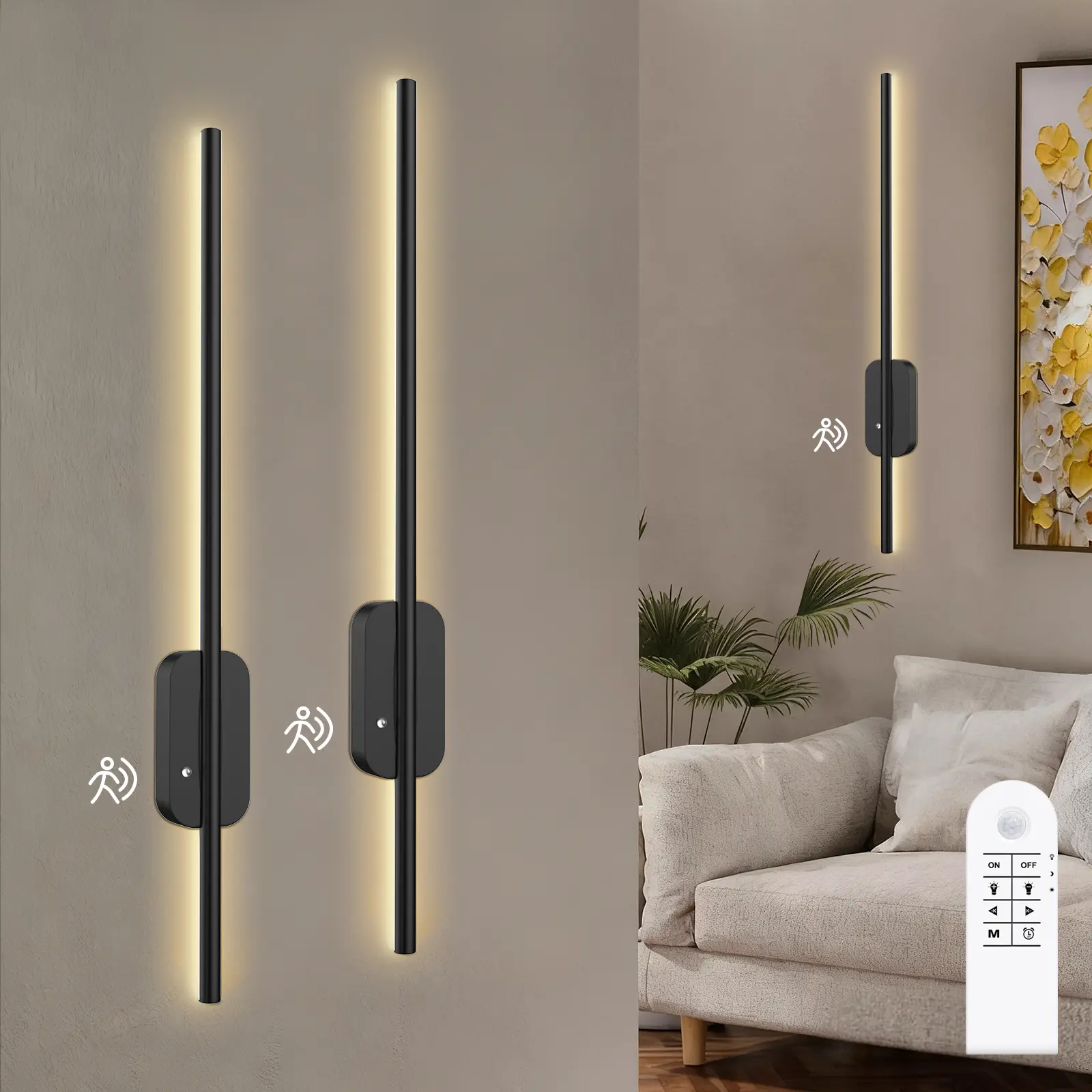 GALENTAL Simple Wall-Mounted LED Light, Rechargeable USB Operated Wall Sconce Set of 2, Dimmable Battery Wall Sconce with Remote Control,3000K-6500K LED Wireless Wall Light for Bedroom,Living Room, Black(2 Pack), BackToSchool