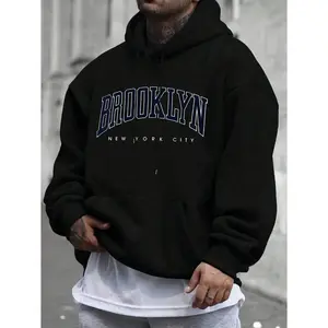 Men's Brooklyn New York City Varsity Letter Print Graphic Hoodie - Cotton Blend Black Long Sleeve Pullover Regular Fit |   Soft & Breathable Fabric, Durable Print, Everyday Comfort, Machine Washable, streetwear urban outdoor
