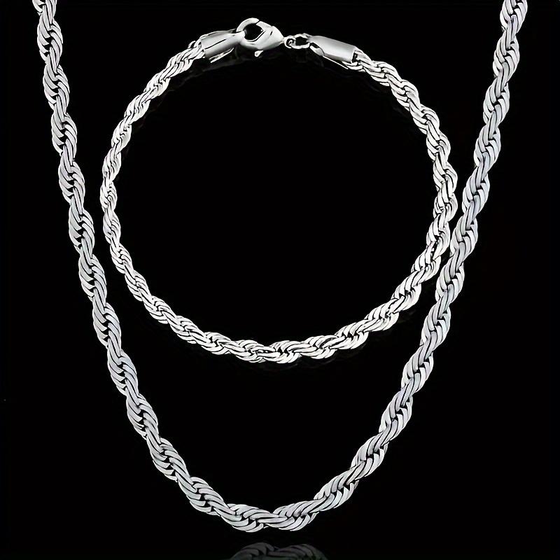 925 Sterling Silver 2pcs Twisted Rope Chain Necklace And Bracelet Set - Classic Elegant Style, Versatile for Daily Wear And Gift-Giving, No Mosaic, Plated Jewelry for Women SpringStatements