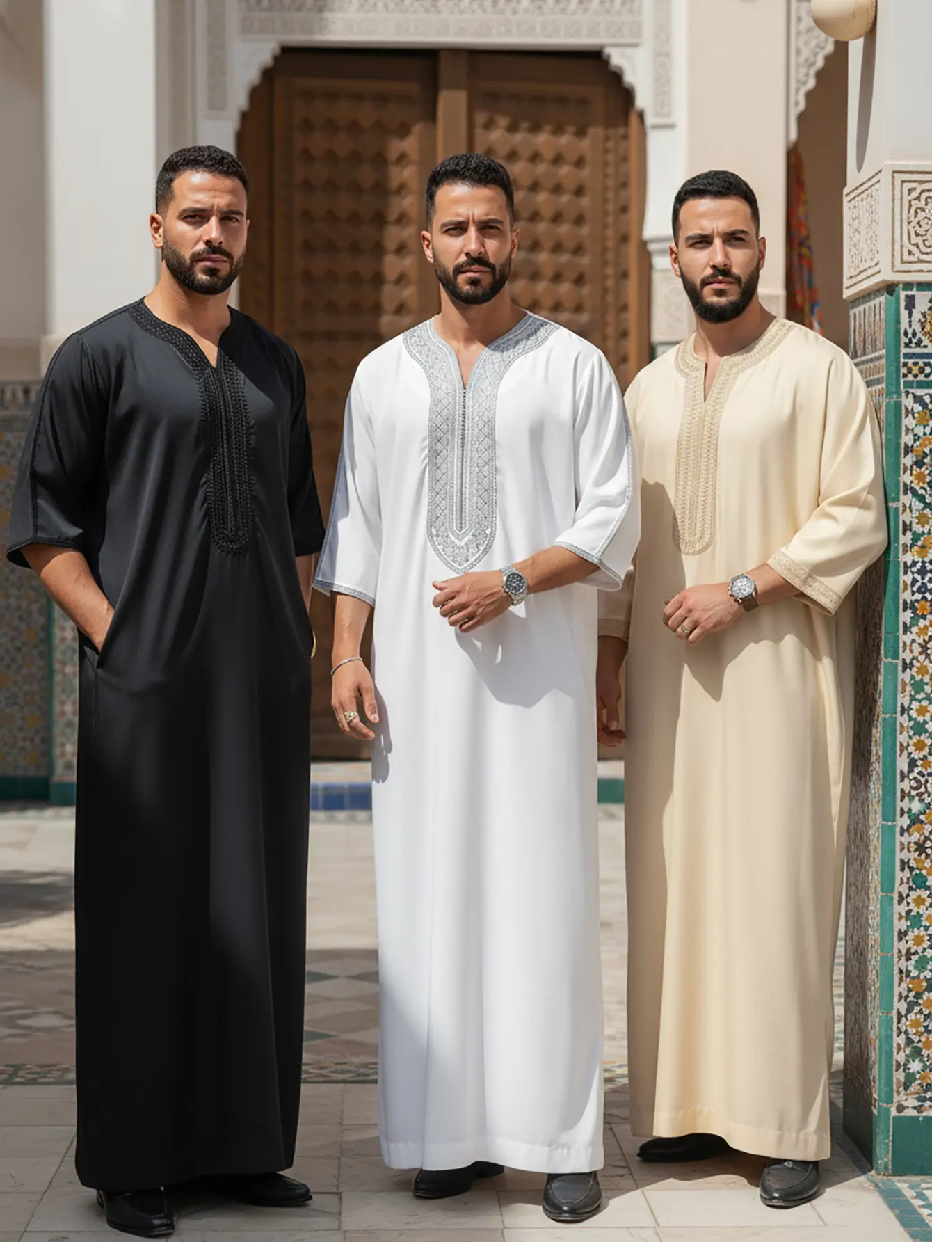 Men’s Moroccan Thobe, Embroidered Muslim Kaftan with Pockets, Half Sleeve Islamic Robe for Daily Wear & Special Occasions Summer Party Casual Maxi