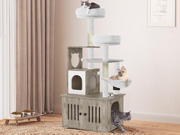Yitahome Cat Tree with Litter Box Enclosure, 2-in-1 Cat Furniture, Modern Cat Condo, Indoor Pet Tower with Food Station, Hammocks, Hair Brush