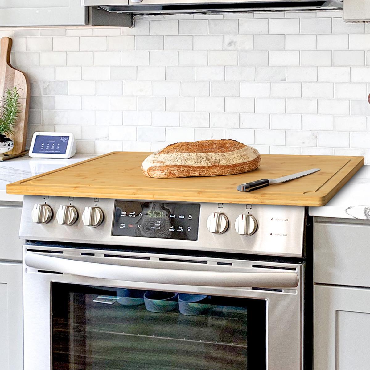 [Spring & Easter]Kikcoin Game changer 4-in-1Stovetop Cover,Extra Large Bamboo Cutting Board Pro,Charcuterie Board,Pastry,Chopping Block,Oven Cover Protector,Handle,Juice Groove,turkey,Kitchen4XL:30"*20",Knives Friendly dinner,party,Cheese,gift,RV Cooking