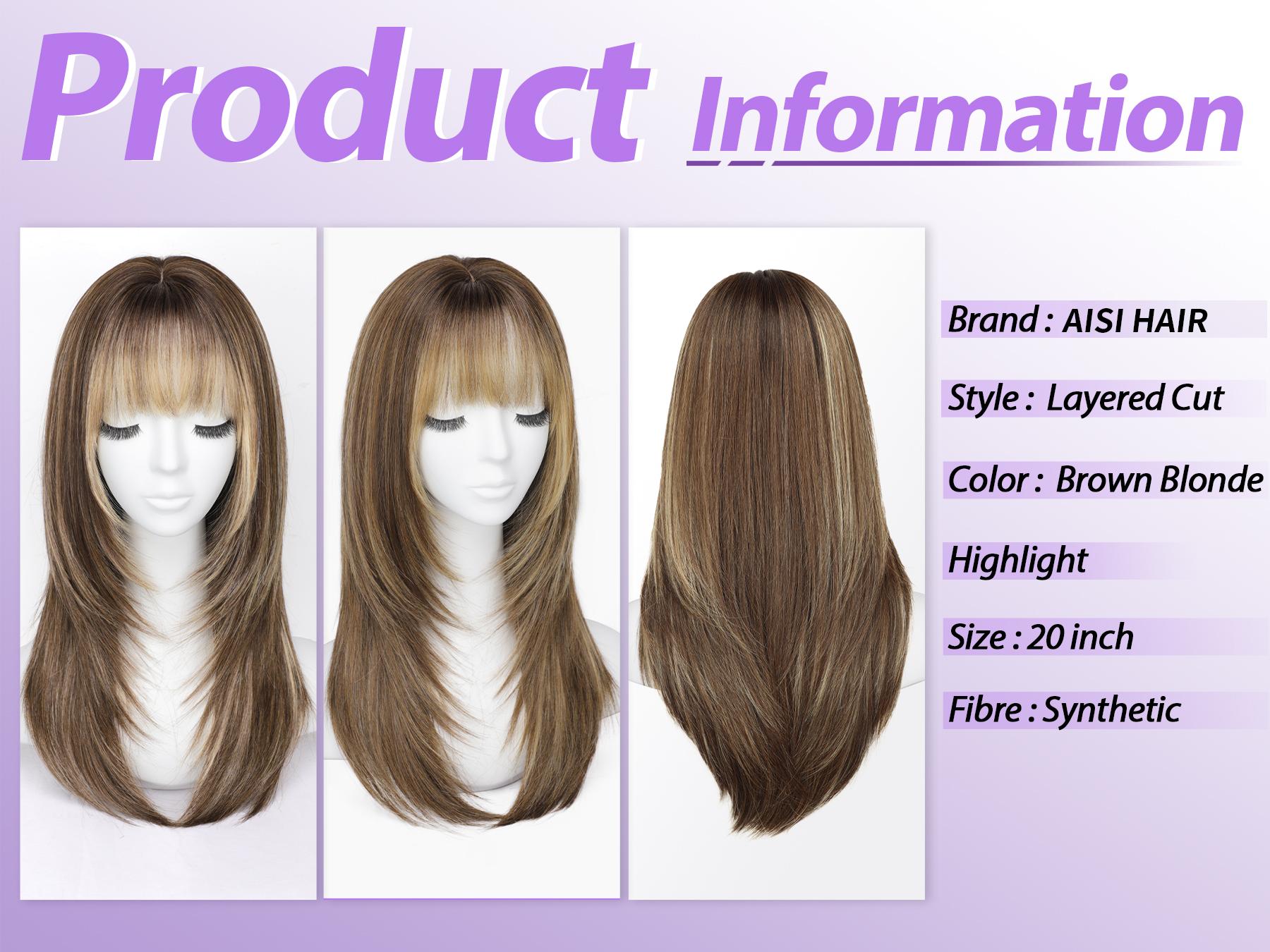 [AISI HAIR] Wig with Bangs for Women Brown Blonde Highlight Straight Face-Framing Layers Hairstyle 4x4 Realistic Scalp Glueless Synthetic Wigs Medium Length for Everyday Use 20 Inch