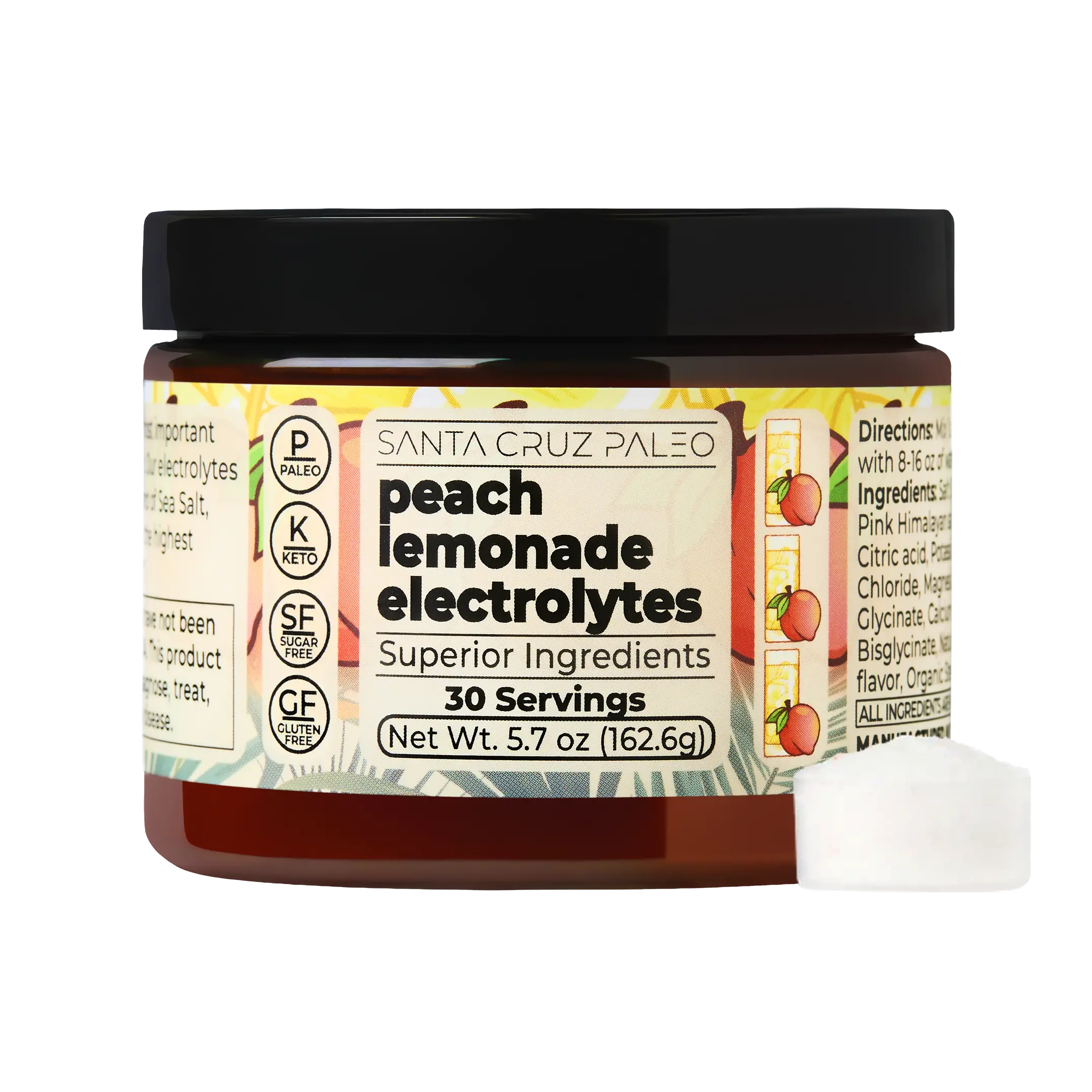 Santa Cruz Paleo Peach Lemonade Electrolyte Powder - 30 Servings - Flavored, Sugar Free Hydration Drink Mix with Himalayan Pink Salt, Sea Salt, Magnesium Glycinate, Potassium Chloride, Sweetened with Stevia