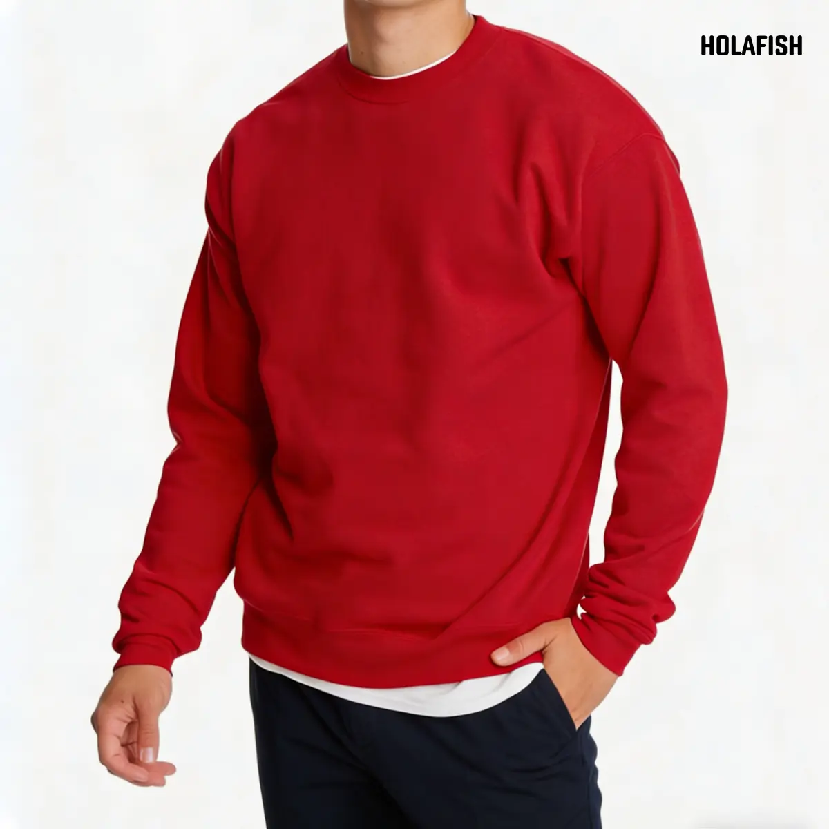 Holafish Men's Long Sleeves Fleece-Blend Basic Cotton Foldable Pullover Sweatshirt - Korean Retro Chic, Loose Plain Round Neck, Lightweight Soft Casual Top, for Thanksgiving, Valentines Day, Cold Wash, Do Not Bleach