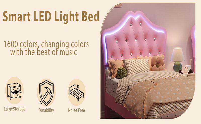Twin Size Upholstered Princess Bed Frame with LED Lights & Storage Drawer, Pink Faux Leather Platform Bed  , Crystal Tufted Headboard, No Box Spring Needed, Heavy Duty Support