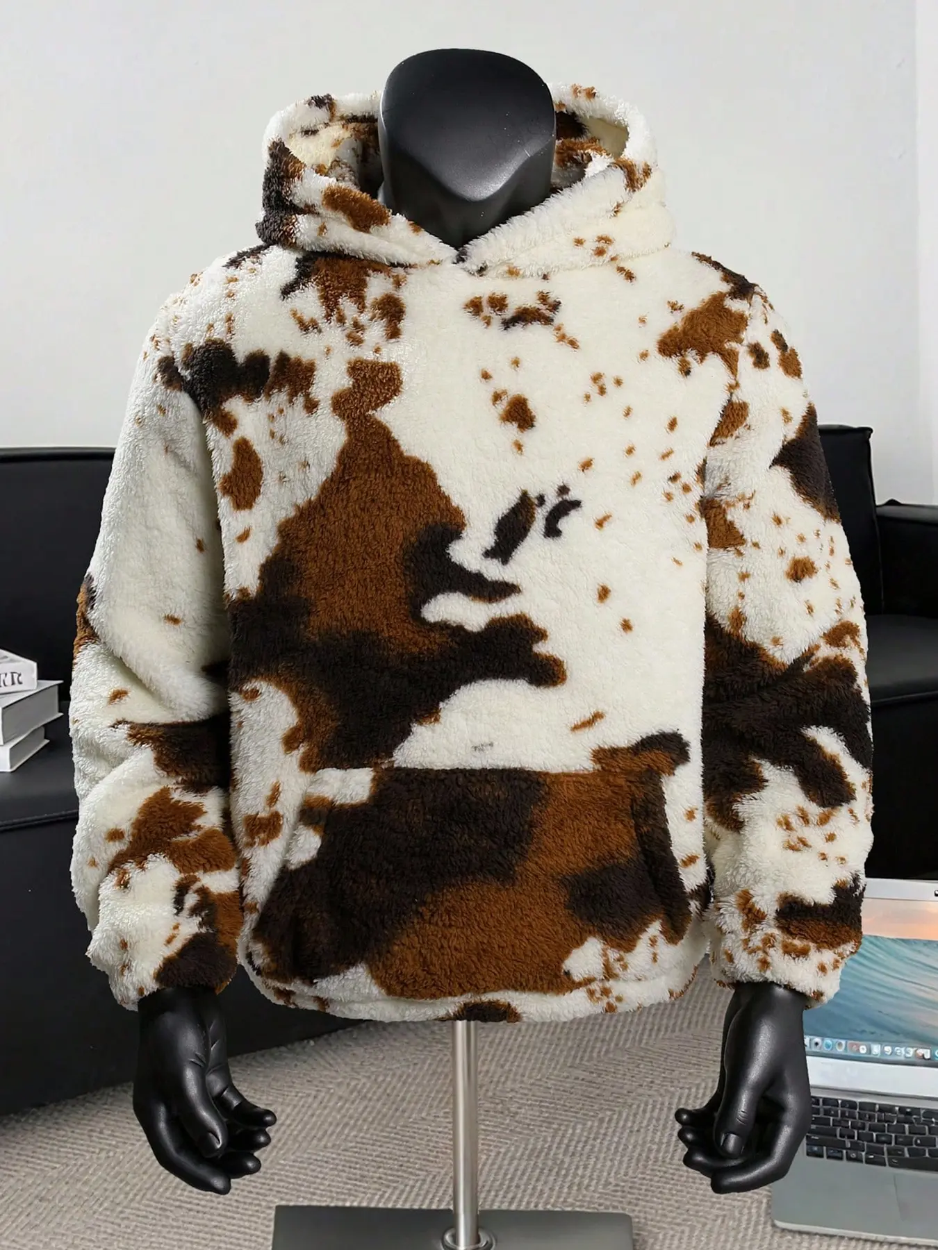 Unisex Cow Print Lamb Fur Hooded Jacket, Ultra-Warm Fleece Coat with Bravery Embroidery, Y2K E-Girl/e-Boy Casual Fashion for Winter Streetwear Outerwear