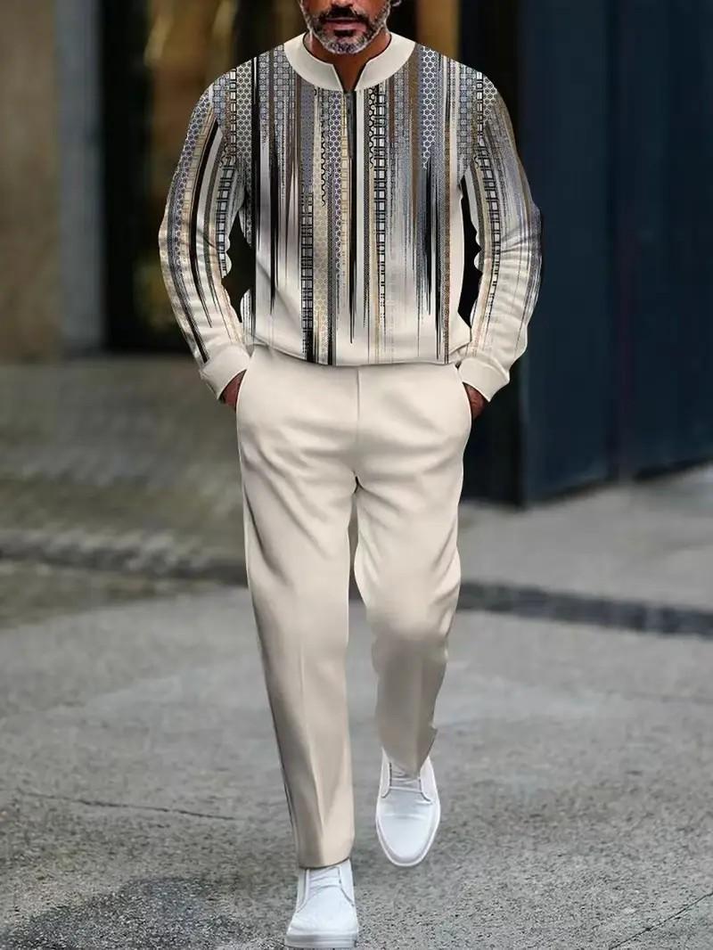 Street style men's striped long sleeved top paired with black casual pants for a two-piece street casual outfit