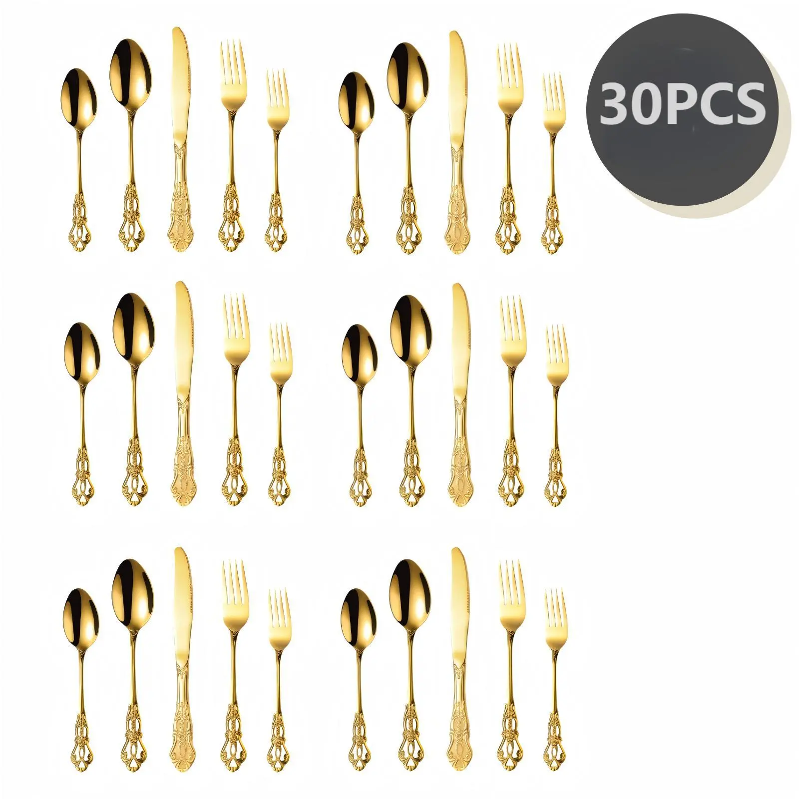 30-Piece Gold Silverware Set, Luxury Golden Flatware Set, Retro Royal Stainless Steel Cutlery, Anti-Rust Forks Spoons Knives , Flatware, elegant tableware, Dinner Utensils, Dinnerware Cutlery, Wedding Gift Tableware,Halloween Tableware