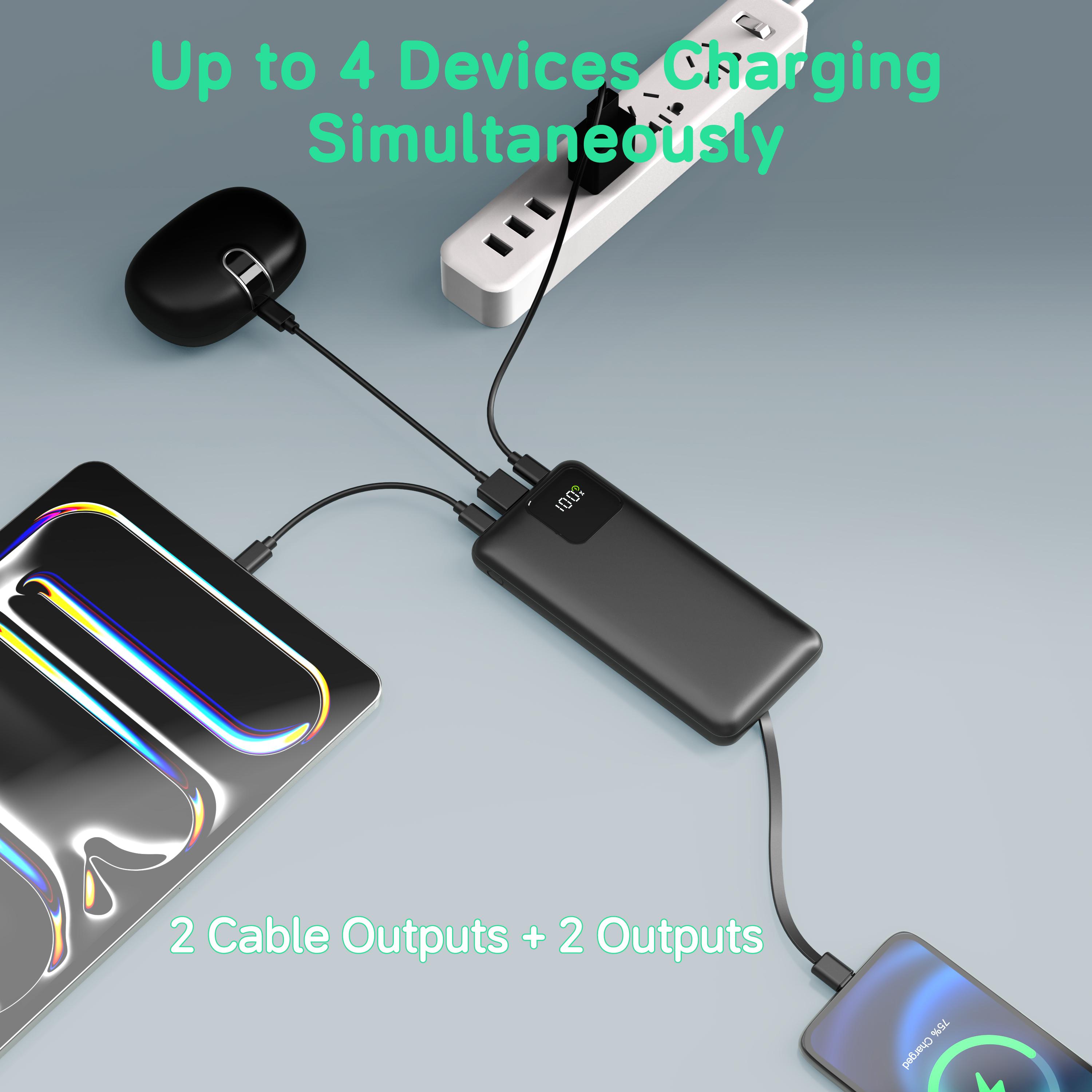 10000mAh Portable Power Bank with Built-in Cables, 22.5W Fast Charging Slim Charger for iPhone, Android, Samsung, Google Pixel, iPad