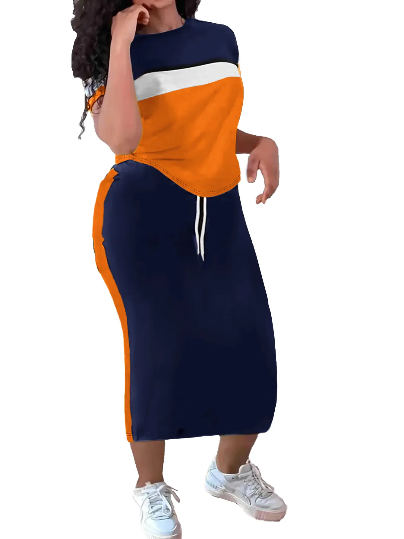 Women's 2-Piece Casual Colorblock Short-Sleeve Round Neck Medium Length Top and Skirt Set, Classy Outfits for Women's Clothes Womenswear Shortsleeve, 2 Piece Sets, Women 2 Piece Sets，women 2 piece sets