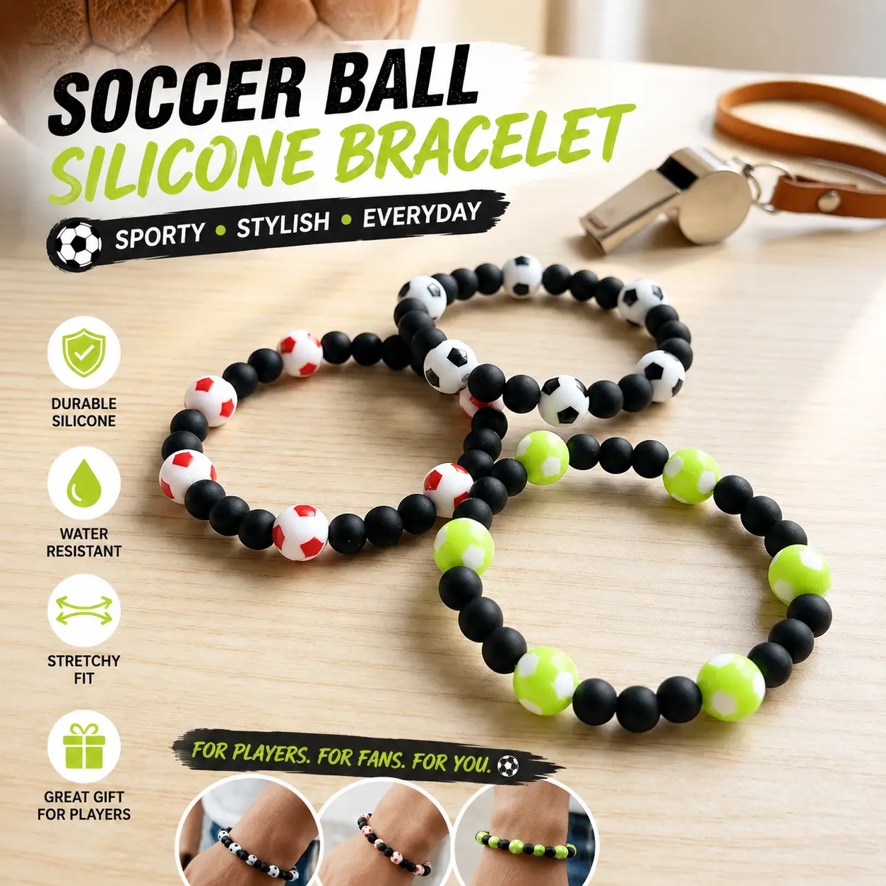 Adjustable Neon Green Bracelets, 3 Pcs Beaded Soccer Ball Design, Unisex Elastic Stretch Fit Wristband for Team Games, Beads, Sports Events, Plain, Colored