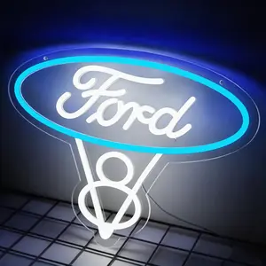 Ford V8 Neon Sign, Classic Ford V8 Neon Wall Decoration With Adjustable LED Lights, Perfect for Bars, Garages, Game Rooms - Really Eye-Catching Lighting In Ice Blue and White