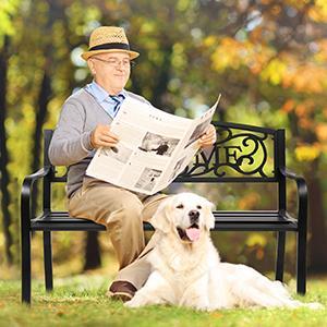 VINGLI Outdoor Metal Garden Bench with PVC Back Pattern, Black Steel Welcome Bench for Patio, Porch, Deck, Yard, Lawn Decor Entryway