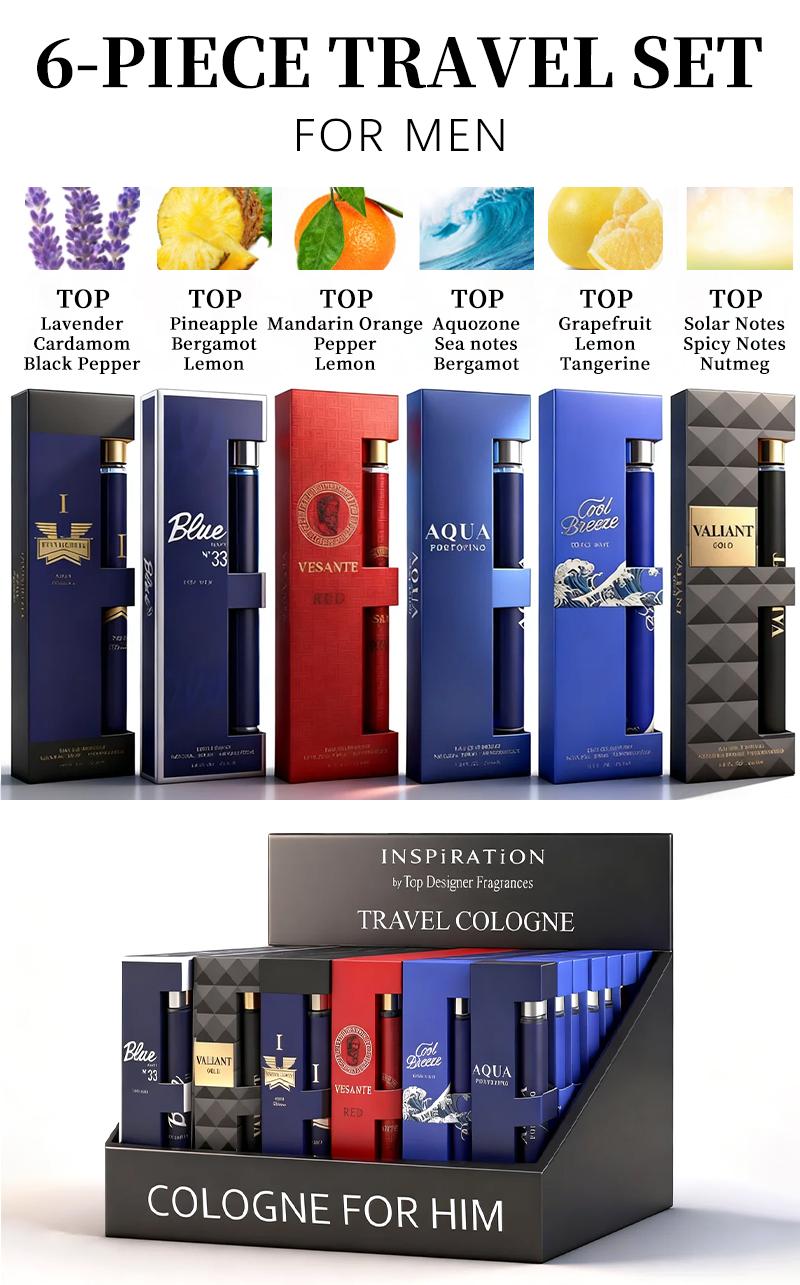 6-Piece Set Men's Eau De Toilette Fragrance, Cologne For Men,Travel Size Perfume, Long-Lasting , 6 Different Scents, Perfect For Dating, Daily Life, Parties,Gift Giving, 1.18 fl oz/35 ml Each Bottle