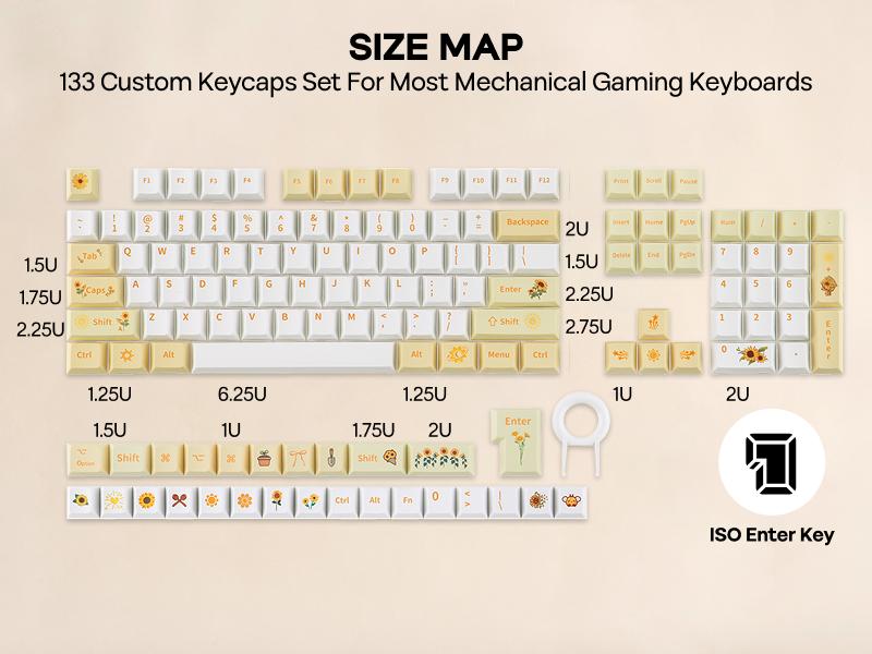 EPOMAKER Sunflower PBT Keycaps, 133 Keys, Cherry Profile, Dye Sublimation, ISO/ANSI Layout, 60%/75%/96%/Full Size, Custom Keyboard Keycaps Set for Mechanical Gaming Keyboard
