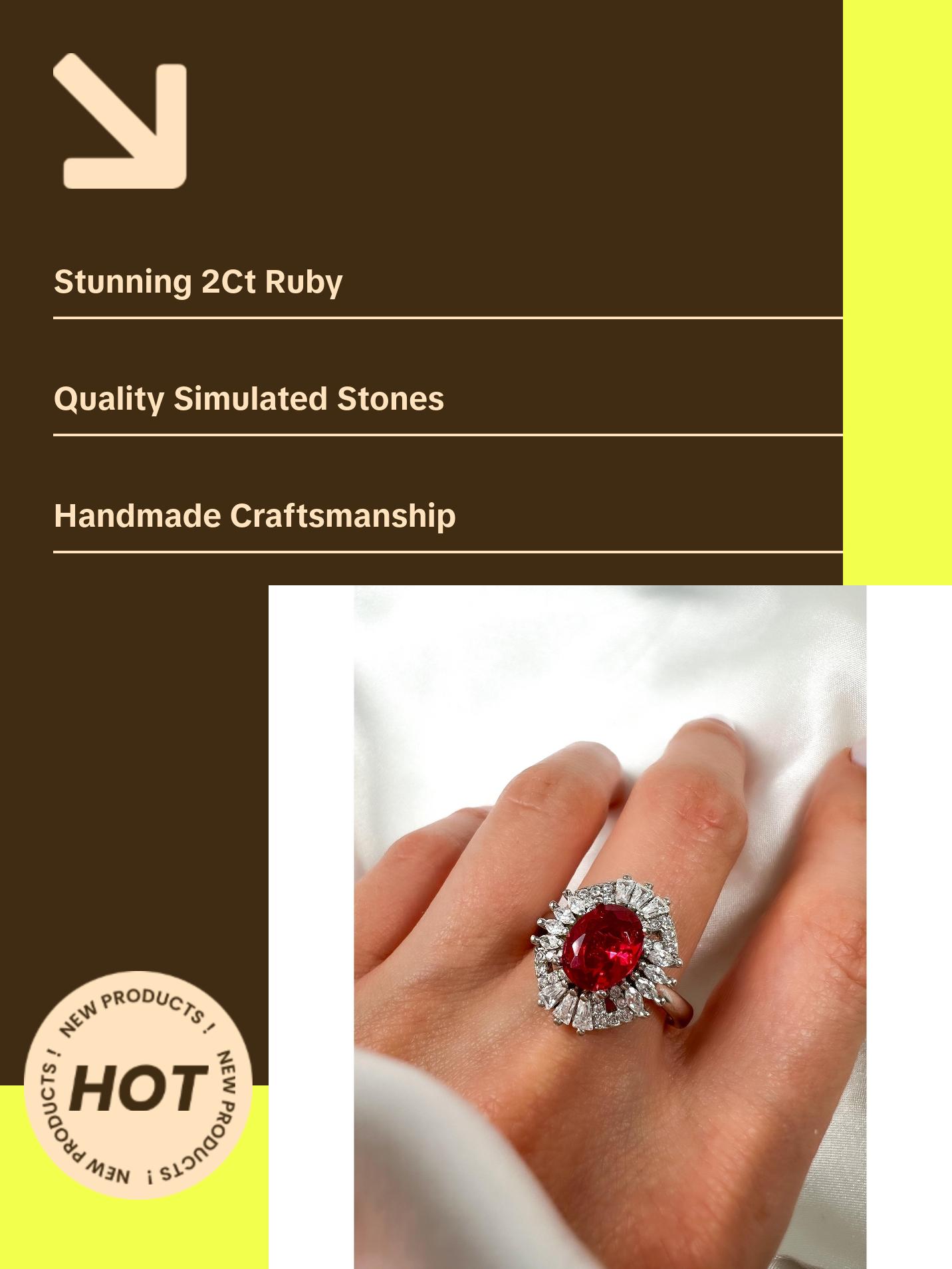 2 Ct Oval Cut Ruby Statement Silver Ring, Size 8.25