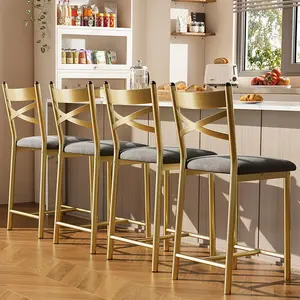 Gold Bar Stools Set of 4, Counter Height Bar Stools with PU Upholstered Seat, Metal Frame Kitchen Bar Chairs with X-Design Back and Footrest for Kitchen Island, Counter Bar, Dining Room