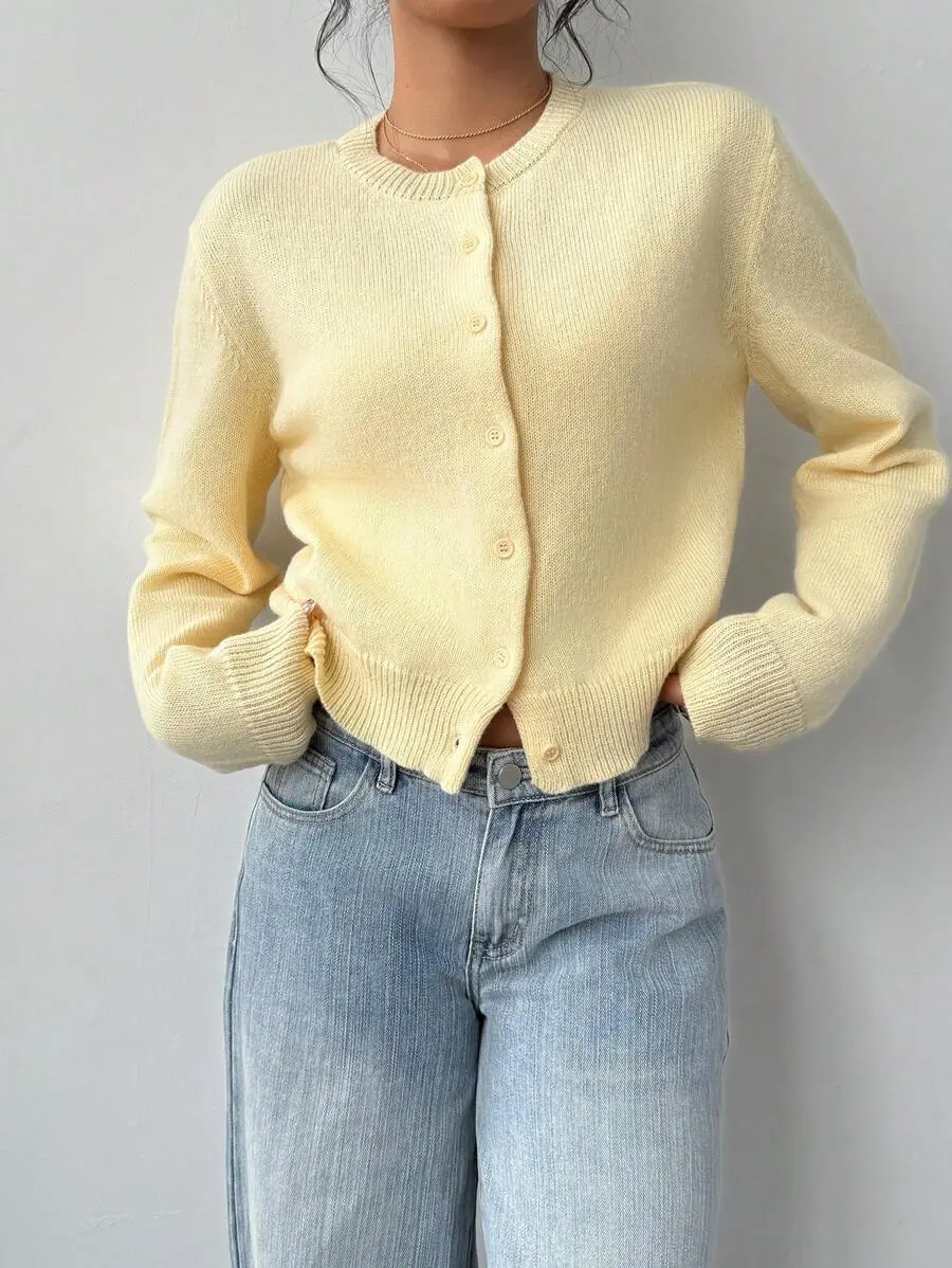 Casual Basic Solid Color Round Neck Long Sleeve Loose Cropped Women Cardigan Sweater Autumn Coat Back-To-School Pale Yellow Teachers' Day Teacher - Back to School outfit