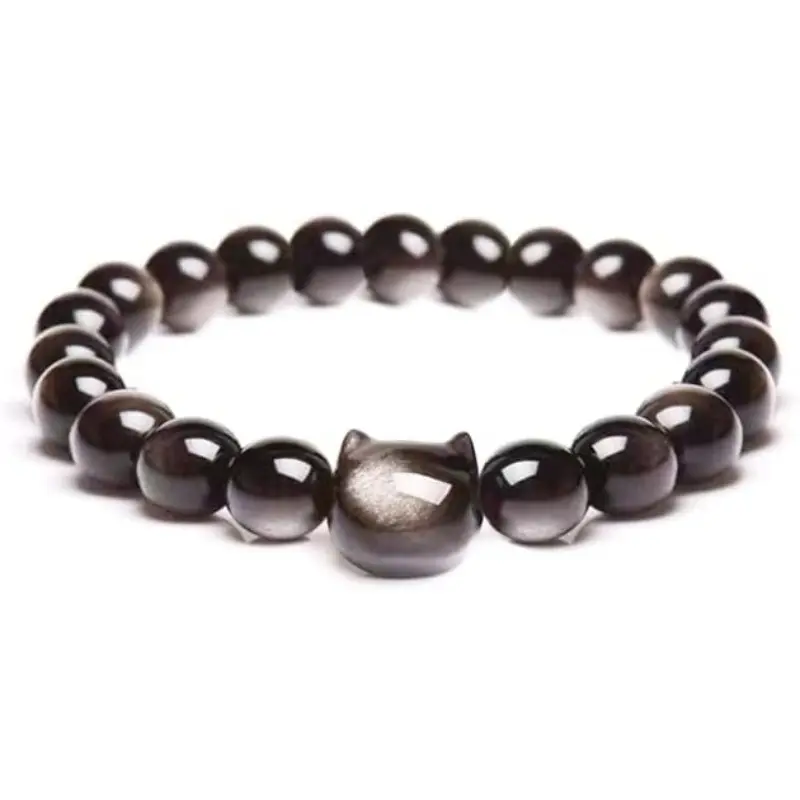 Mascot Charm Bracelet in 8mm Black Obsidian with Elegant Cat Charm for Women, 8-Inch Stretch Fit, Daily Wear Fashion Accessory, Mascot Charm Bracelets & Bangles