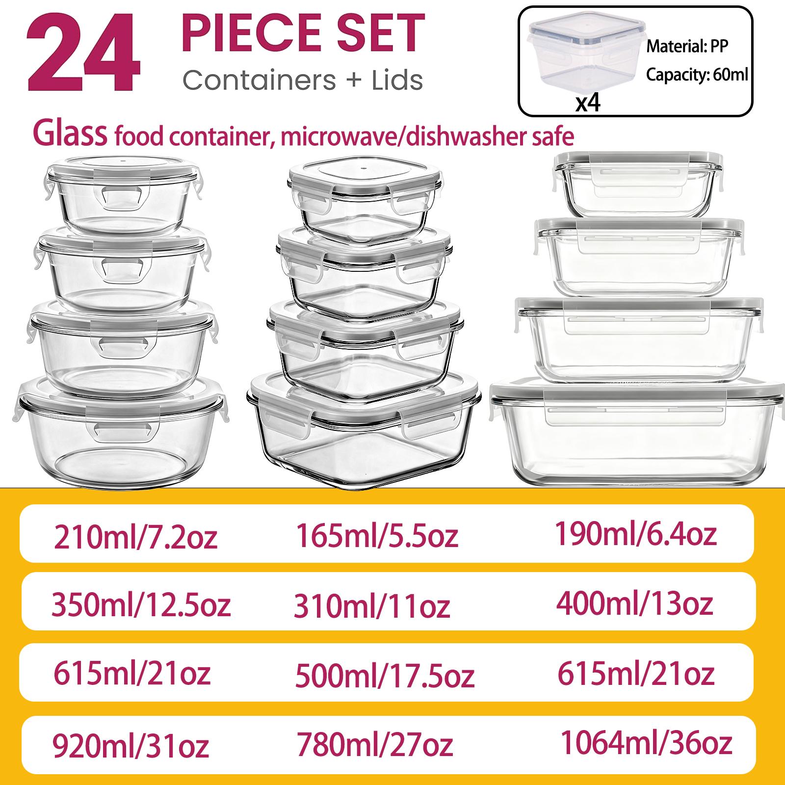12Pack Airtight Glass Food Storage Containers with Lids,Microwave, and Dishwasher Kitchen Organizer, BPA-Free , Black/Gray Set Utensils