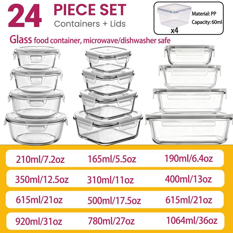 12Pack Airtight Glass Food Storage Containers with Lids,Microwave, and Dishwasher Kitchen Organizer, BPA-Free , Black/Gray Set Utensils