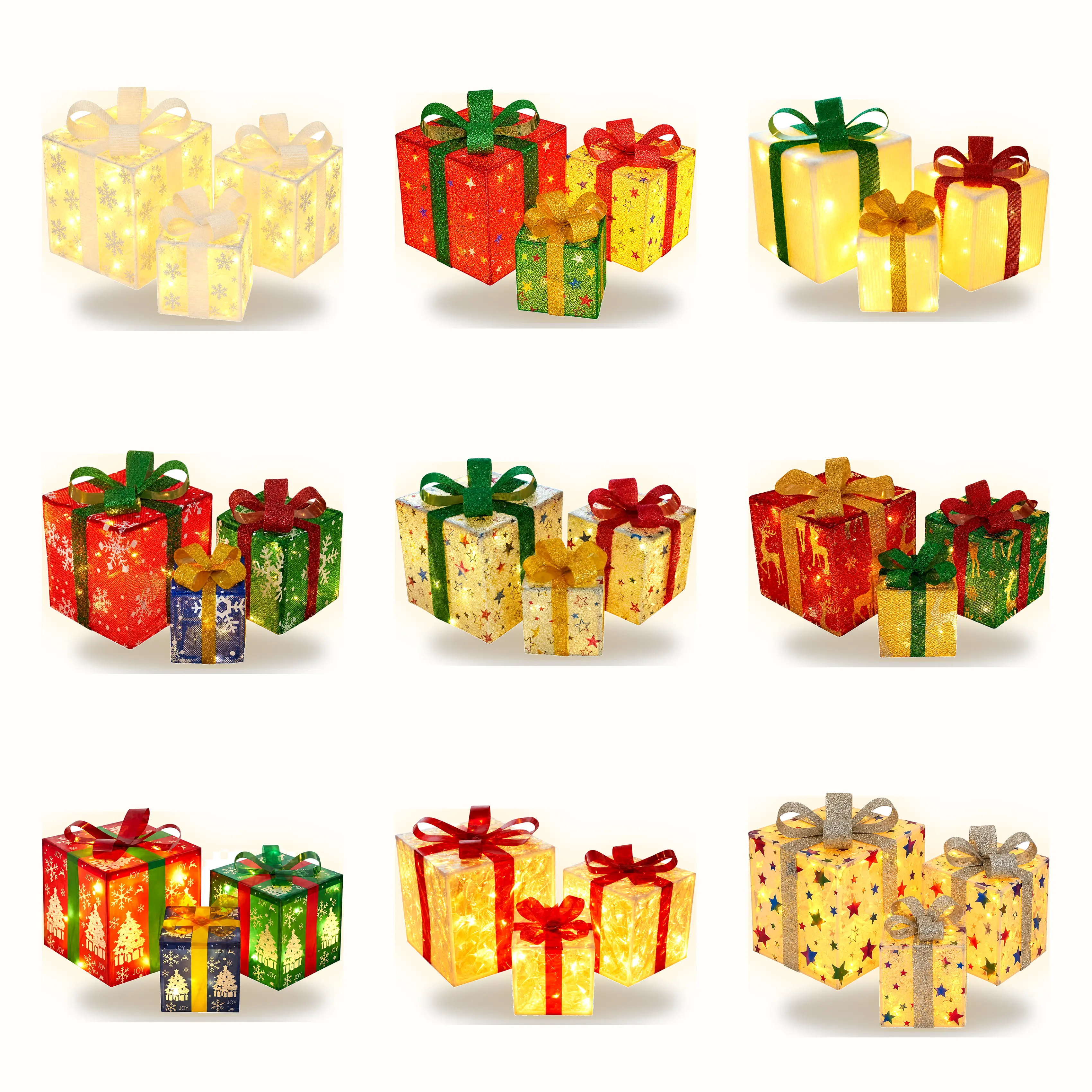 3pc Christmas Light Gift Box with Remote Control, 8 Modes, Warm Glowing Lights, Festive Ribbon Decor, DIY Assembly Crafts, AA Battery-Powered (Battery Not Included) for Indoor & Outdoor Home Festive Decorations