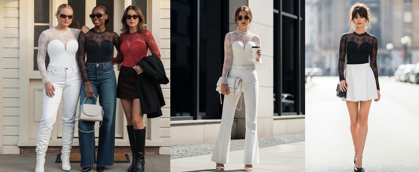 ​​Popilush Deep V-Neck Long Sleeve Bodysuit - Sheer Lace Turtleneck with Built-in Bra & Tummy Control​ Casual Womenswear-LIVE Everyday Breathable