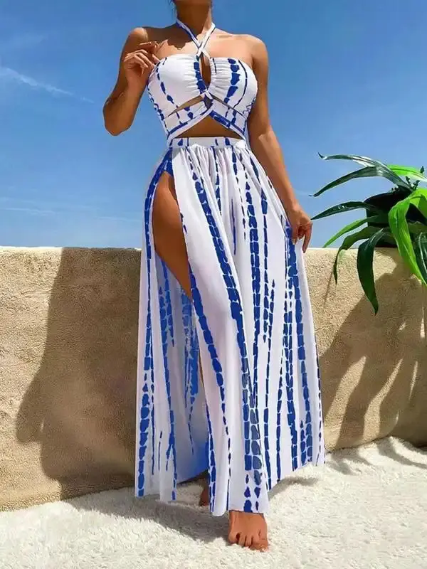Three-Piece Set Women's Tie Dye Print Criss Cross Swimsuit Set, Boho Halter Neck Bra & Split Thigh Skirt & High Cut Panty Set, Ladies Summer Swimsuit Set, Summer Outfits 2024