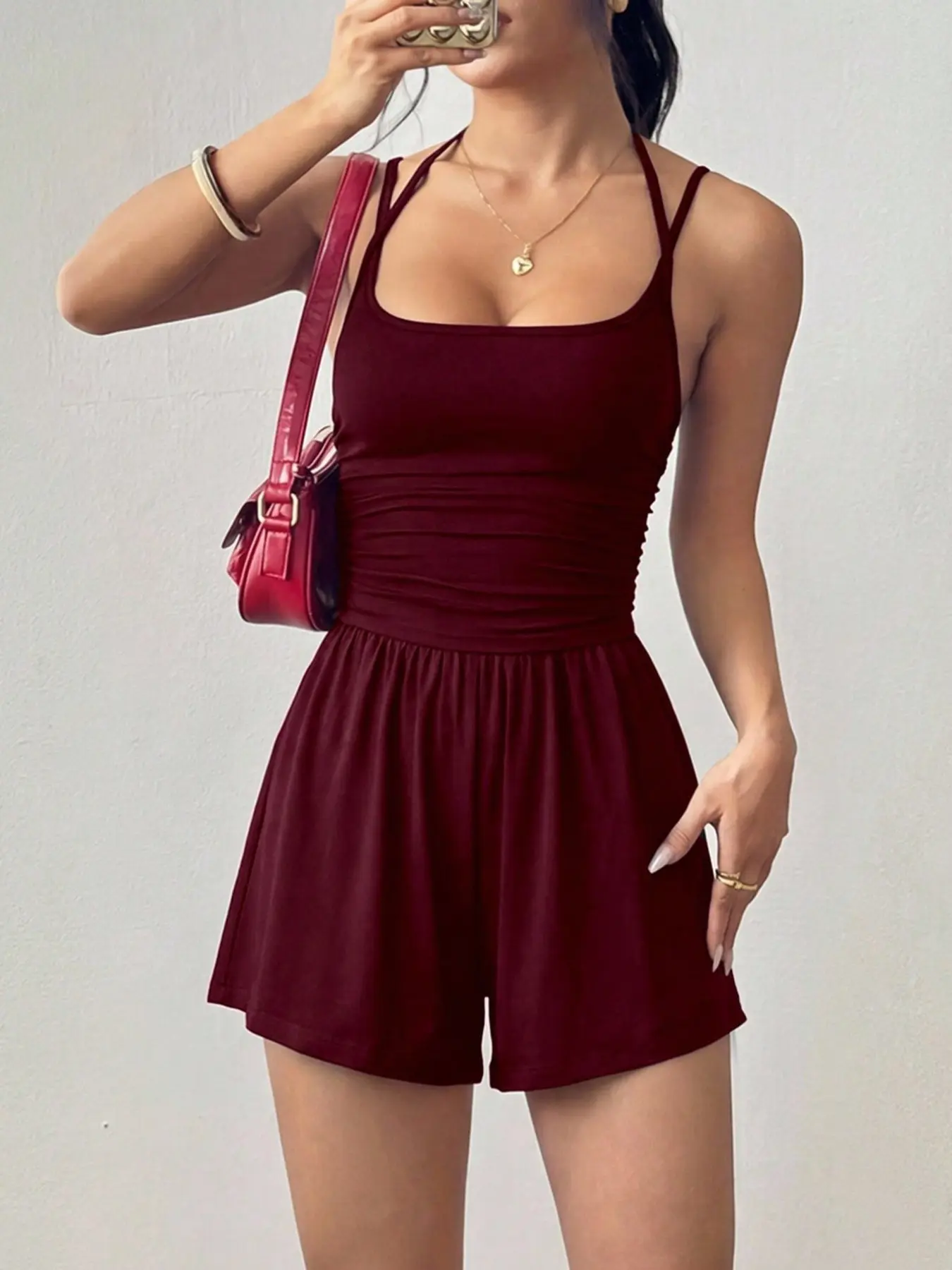 Women's Casual Fit Ruched Knitted Sleeveless Spaghetti Strap Short Romper, Perfect for Daily Wear & Outdoor Activities, Summer, Y2K Style, Comfortable Home Loungewear