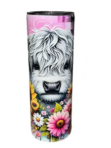Pink Checkerboard Spring Flowers Highland Cow - 20oz oz 20 oz. 20oz. - Skinny Straight Sublimation Tumbler - Amy's Tumbler Junkies - Your Favorite Tumbler Shop!