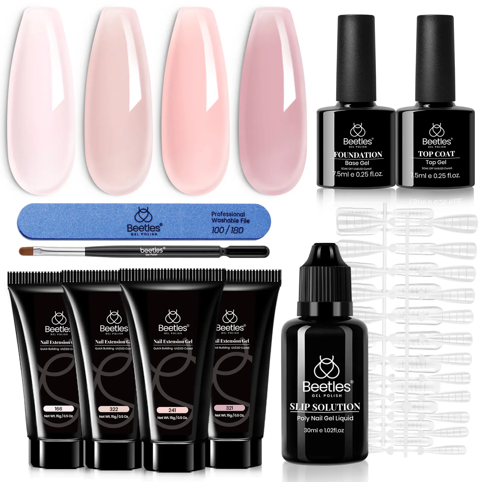 beetles Gel Polish Polygel Nail Kit, Builder Gel for Nail Extension in Pink, Nude and Shimmer Colors, Soak Off UV Manicure Set for Easy DIY, Nail Kit Acrylic Set
