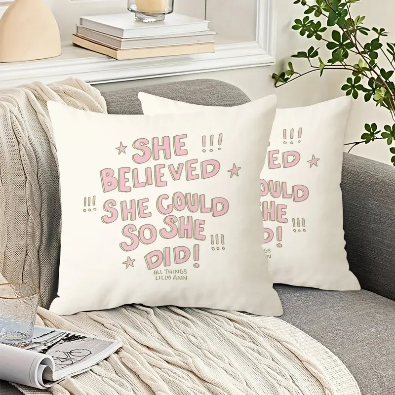 "She Believed She Could So She Did" Inspirational Throw Pillow Covers, Decorative Cushion Case with Zipper, Square, Motivational Home Decor, Ideal for Daily Encouragement