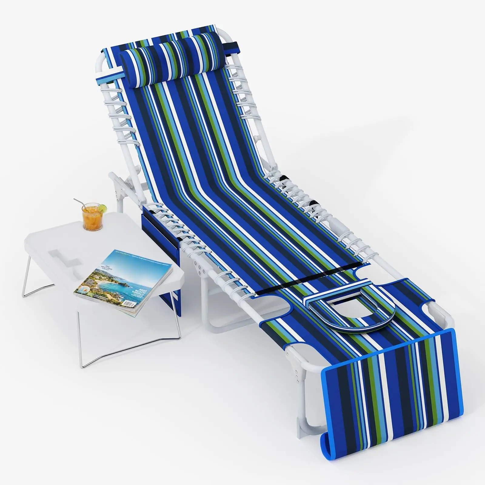 Gaomon 3-in-1 Foldable Textilene Tanning Lounger Chair with Face Hole, Adjustable 5-Position Reclining Sunbathing Bed, Side Table, Backpack Straps for Outdoor, Pool Use