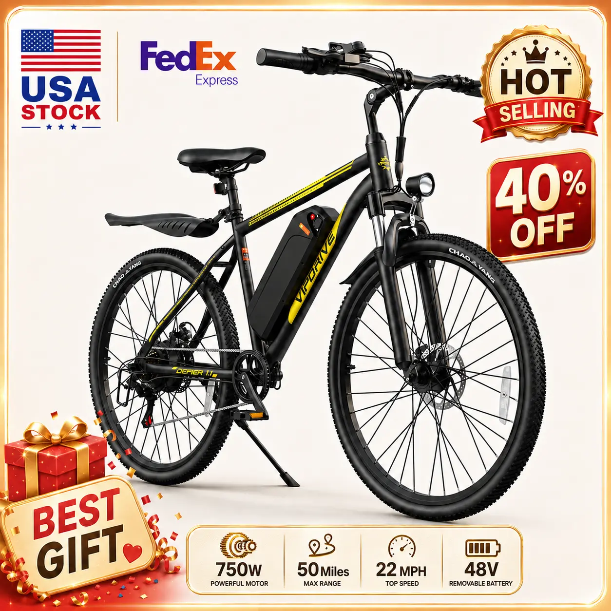 VIPDRIVE 750W Electric Mountain Bike for Adults, 22 MPH, Up to 50 Miles PAS Range, 48V Removable Battery, 26-Inch All-Terrain Tires, Full Suspension, 7-Speed, LCD Display, Dual Disc Brakes, 5 Riding Modes, TikTok Shop Back to School
