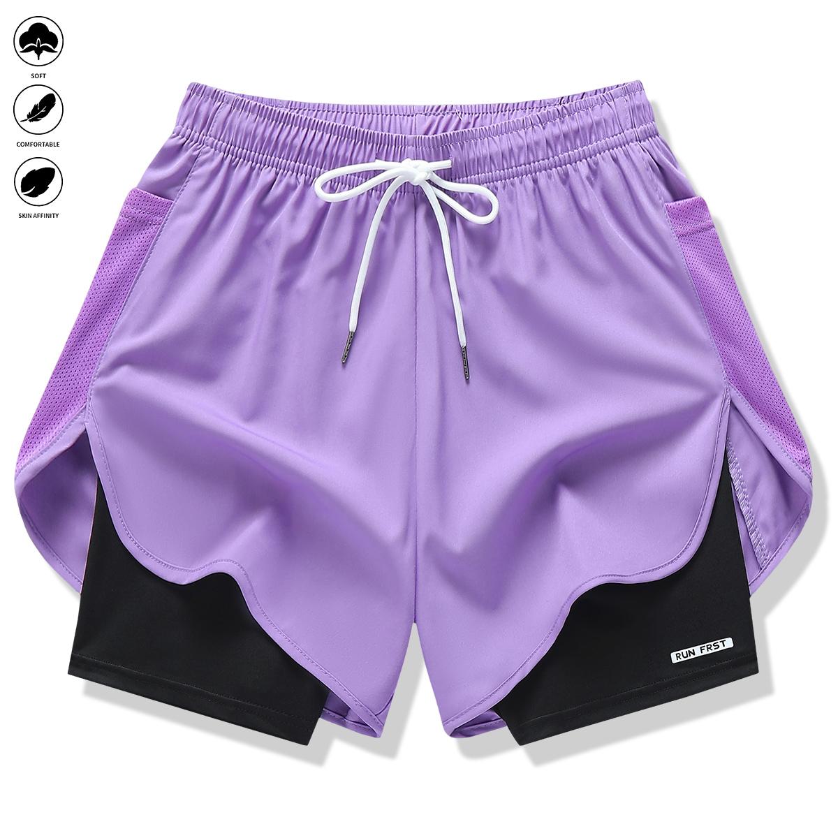 Women’s casual athletic pants, faux two-piece design, solid color, with inner lining, elastic drawstring waistband, suitable for outdoor fitness, running, sports, and casual wear; women’s shorts