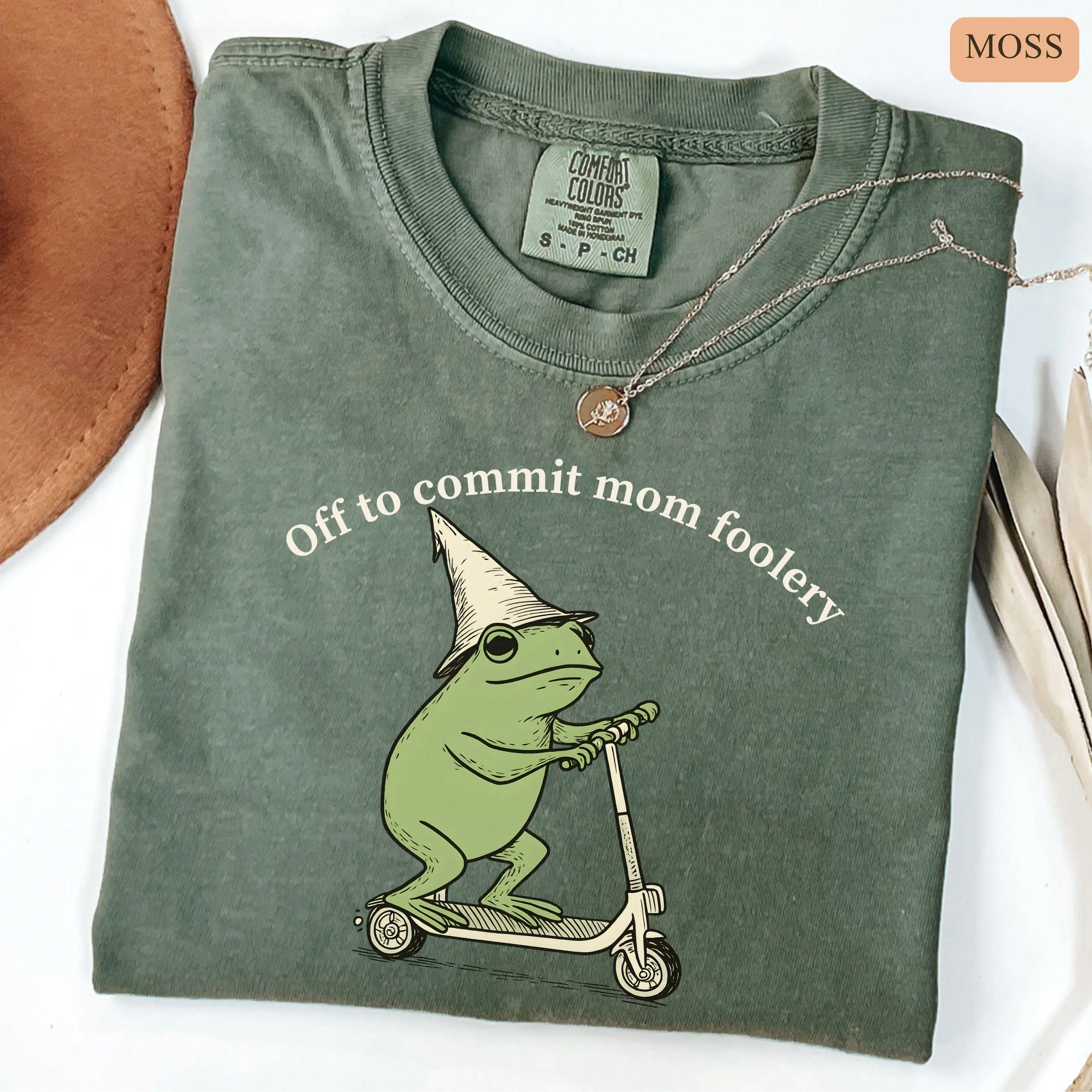 Mama Frog Comfort Colors T-Shirt, Off to Commit Mom Foolery Funny Frog Scooter Tee, Cute Mama Graphic Shirt, Pregnancy Announcement Mom Gift