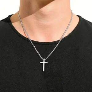 Cross necklace faith pendant, silver stainless steel cross with a simple box chain necklace, a popular jewelry gift necklace style, recommended today.