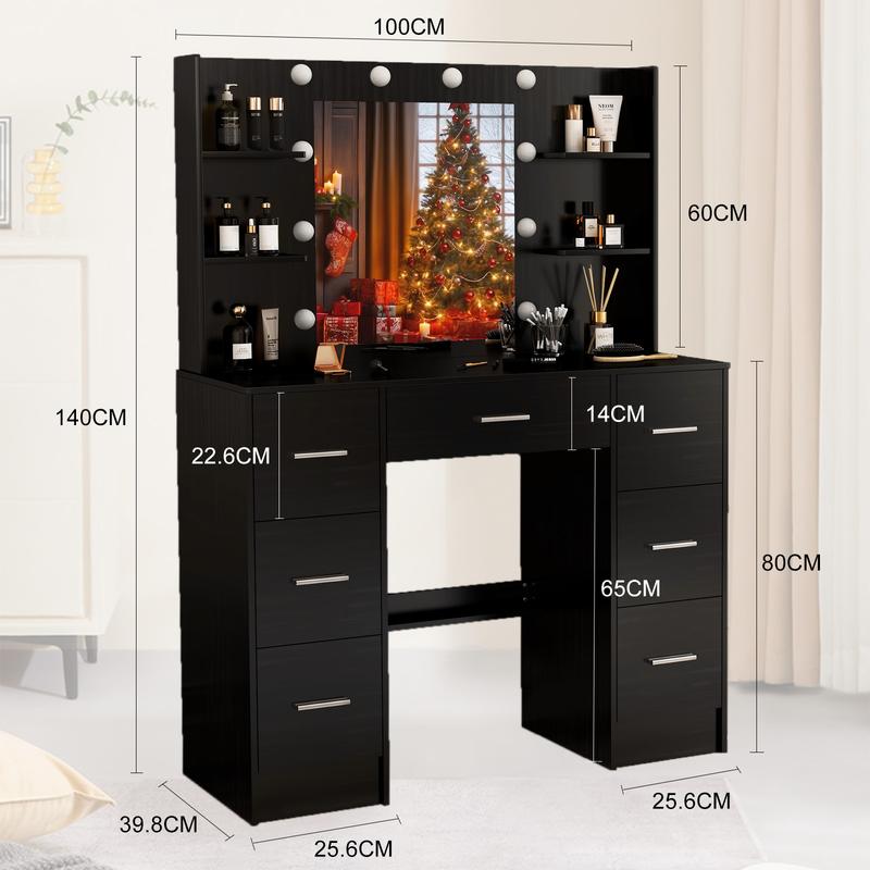Black LED Dressing Mirror Makeup Table Bedroom Vanity Unit Set with 7 Drawers